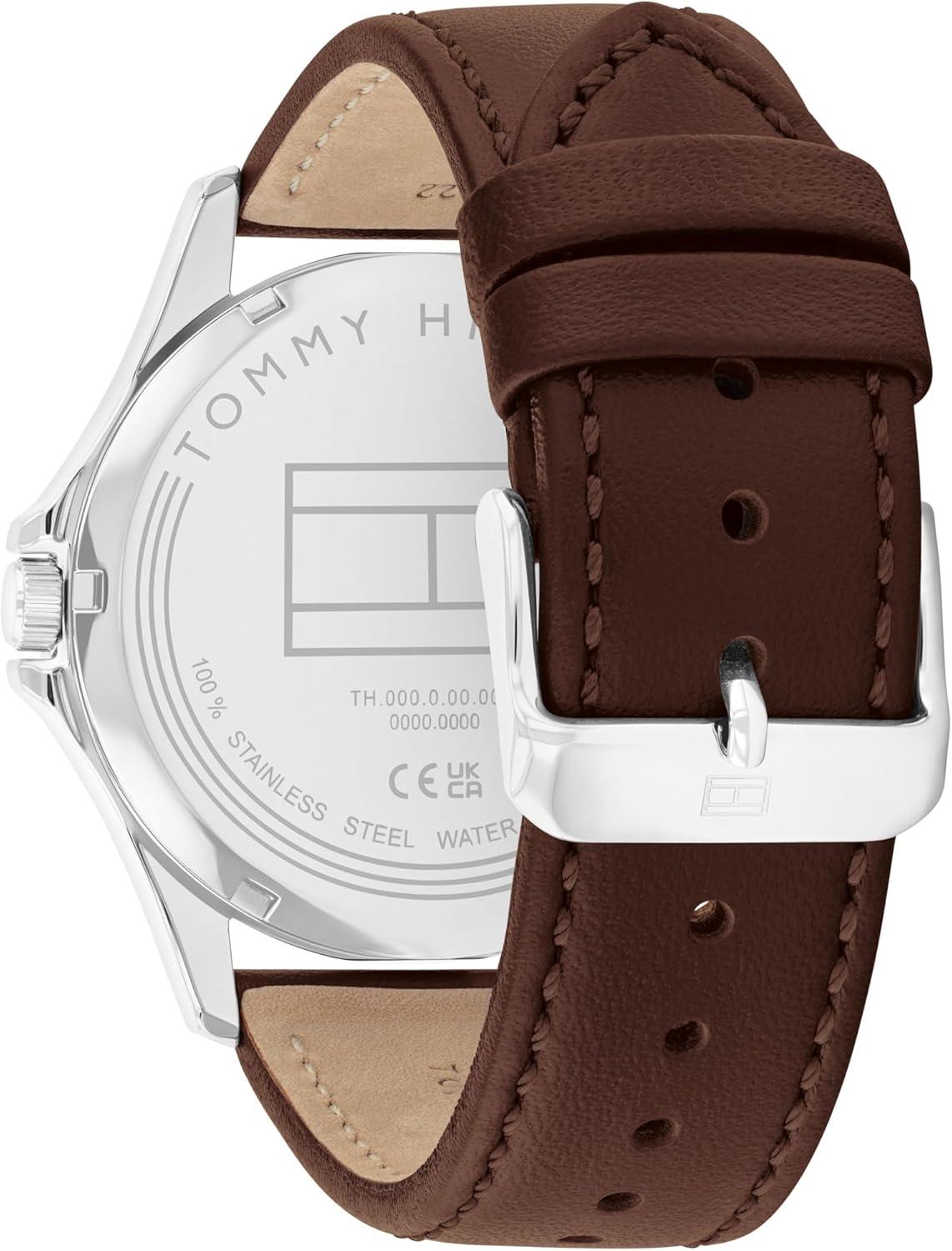 imageTommy Hilfiger Mens 3Hand Quartz Watch 42mm Case Leather Strap 3 ATM Water Resistant Modern Everyday Timepiece Gift for HimBrown Blue