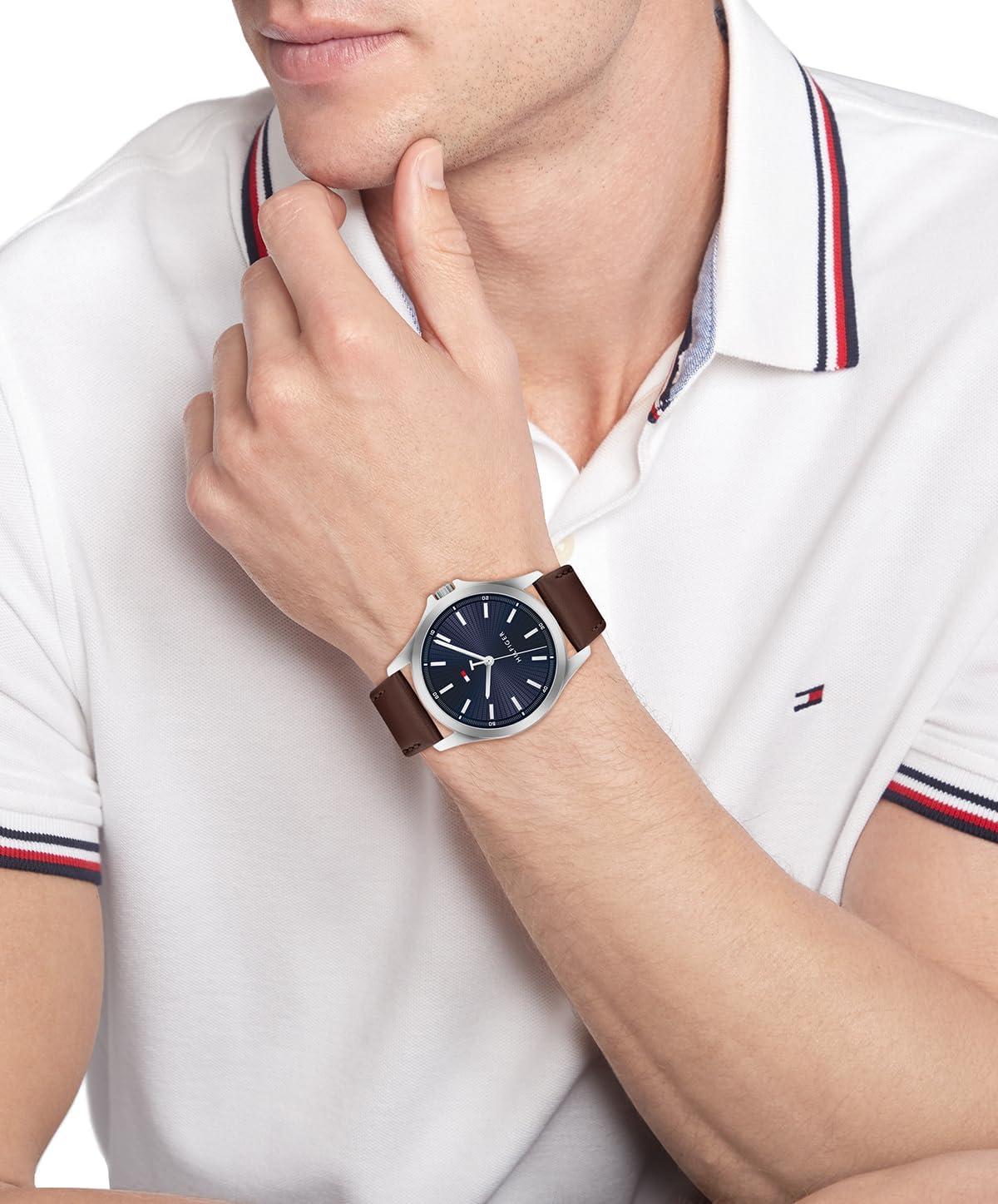imageTommy Hilfiger Mens 3Hand Quartz Watch 42mm Case Leather Strap 3 ATM Water Resistant Modern Everyday Timepiece Gift for HimBrown Blue