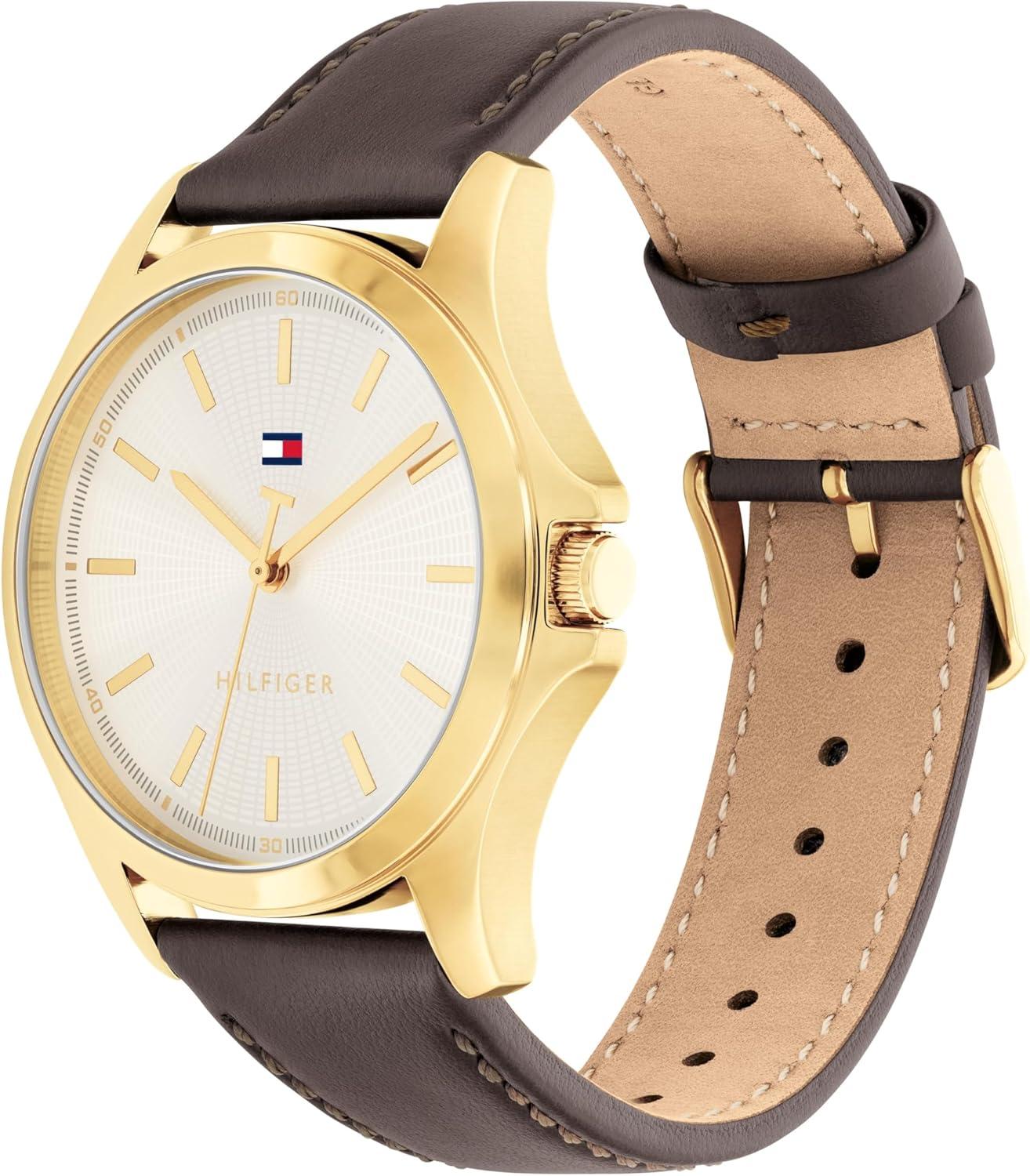 imageTommy Hilfiger Mens 3Hand Quartz Watch 42mm Case Leather Strap 3 ATM Water Resistant Modern Everyday Timepiece Gift for HimBrown White