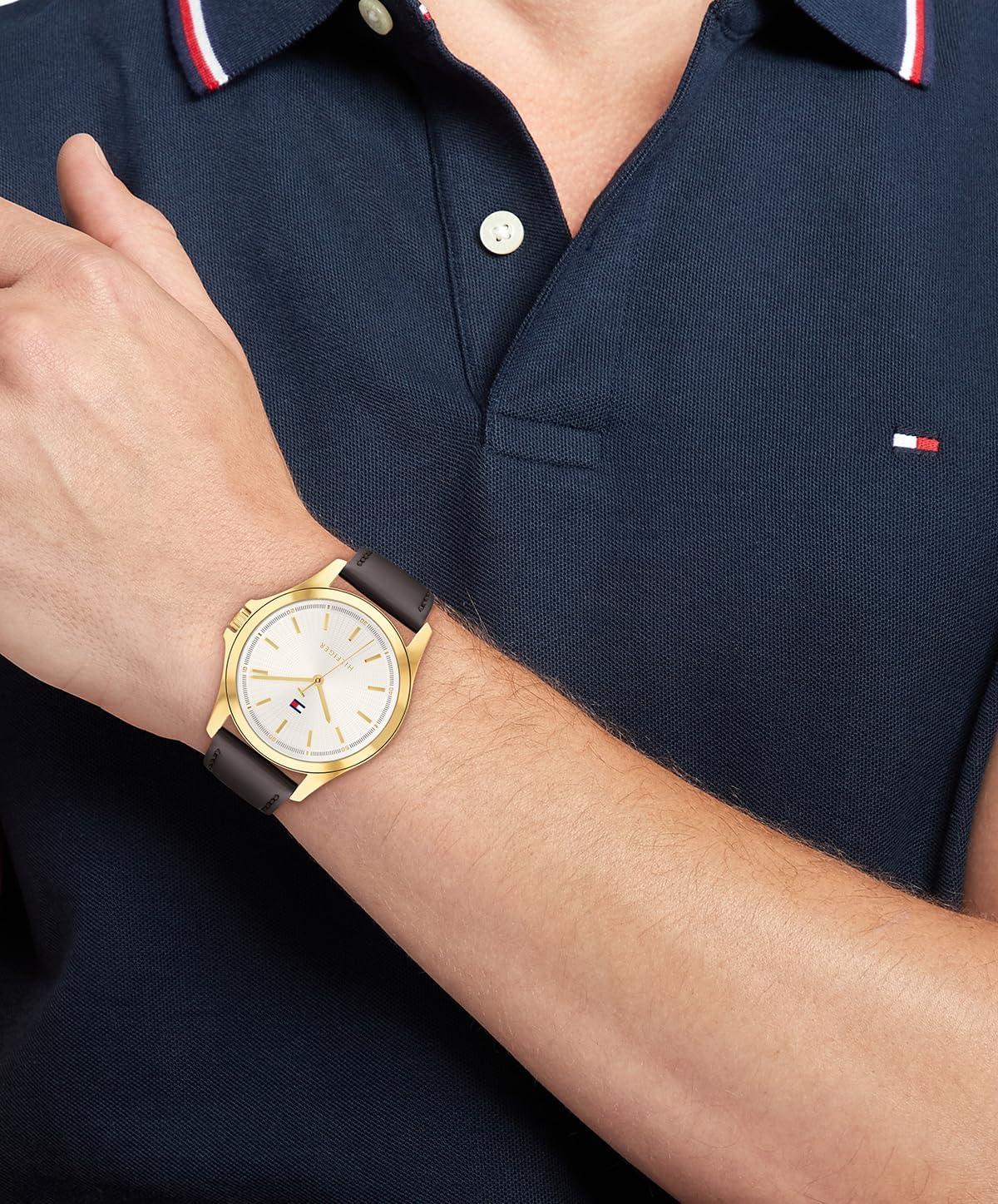 imageTommy Hilfiger Mens 3Hand Quartz Watch 42mm Case Leather Strap 3 ATM Water Resistant Modern Everyday Timepiece Gift for HimBrown White