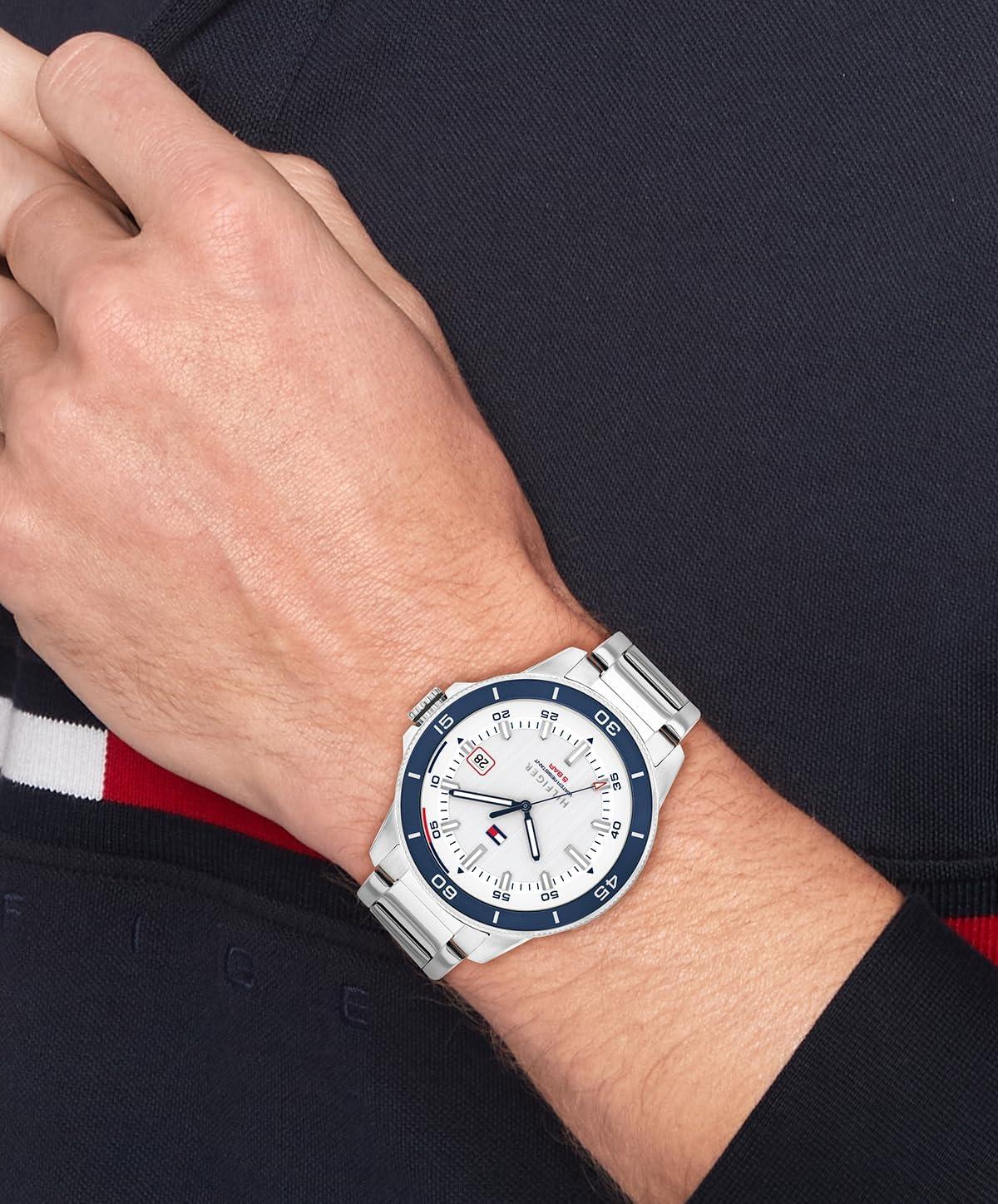 imageTommy Hilfiger Mens 3Hand Quartz Watch Round Case Sporty Iconic Style Gift for Him 43mmSilverCream