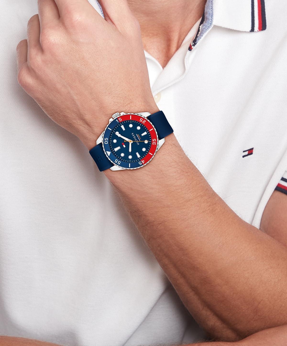 imageTommy Hilfiger Mens Bold DiveInspired Watch 3H Quartz Movement Stainless Steel and Aluminum Case Aluminum Sport Bezelt AdventureReady Gift for HimBlue