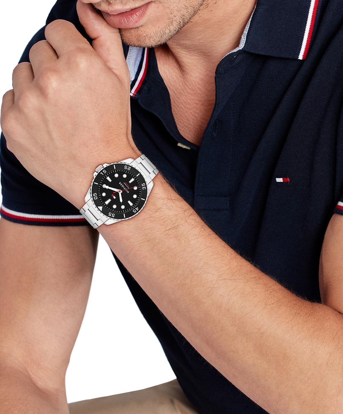 imageTommy Hilfiger Mens Bold DiveInspired Watch 3H Quartz Movement Stainless Steel and Aluminum Case Aluminum Sport Bezelt AdventureReady Gift for HimSilver