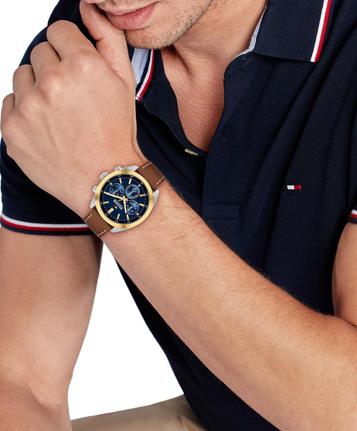 imageTommy Hilfiger Mens Chronograph Quartz Watch 40mm Stainless Steel Case Leather Strap VintageInspired Design Gift for HimBrown