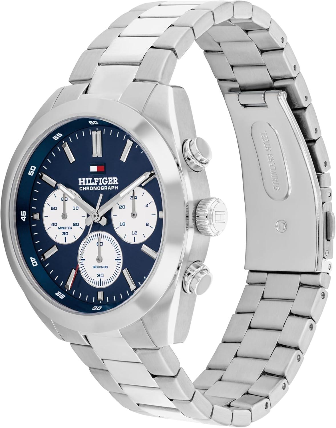 imageTommy Hilfiger Mens Chronograph Quartz Watch 40mm Stainless Steel Case Leather Strap VintageInspired Design Gift for HimSilver