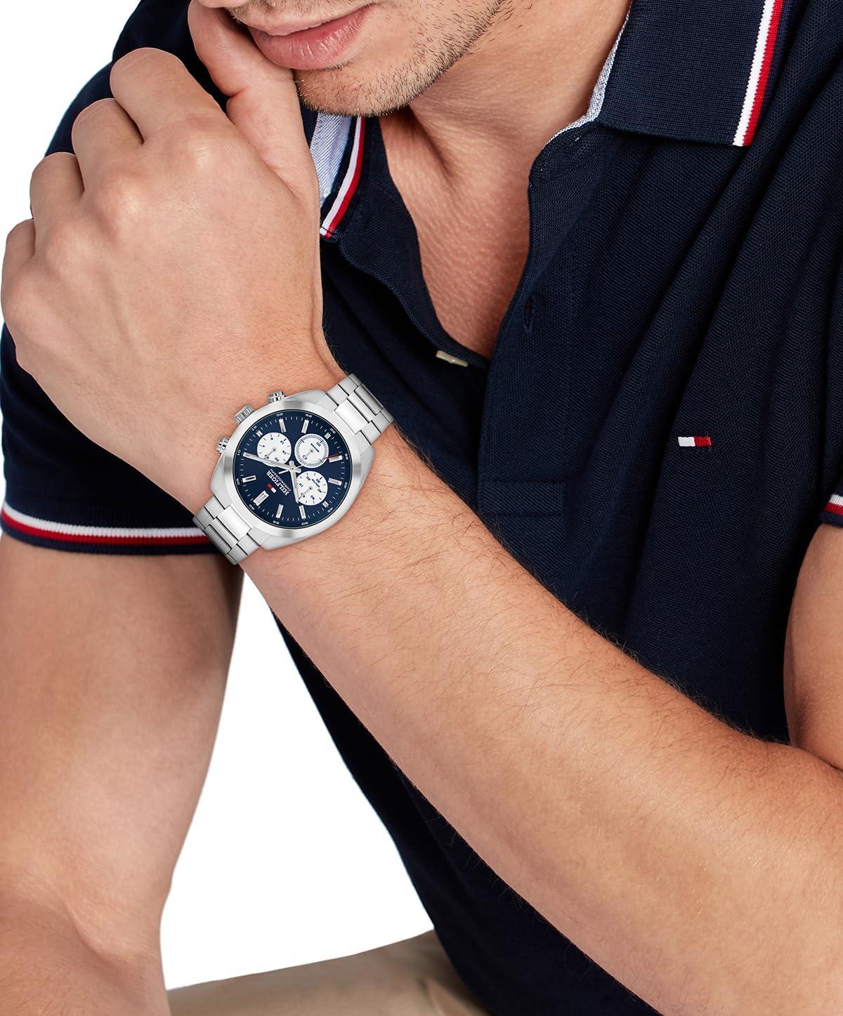 imageTommy Hilfiger Mens Chronograph Quartz Watch 40mm Stainless Steel Case Leather Strap VintageInspired Design Gift for HimSilver
