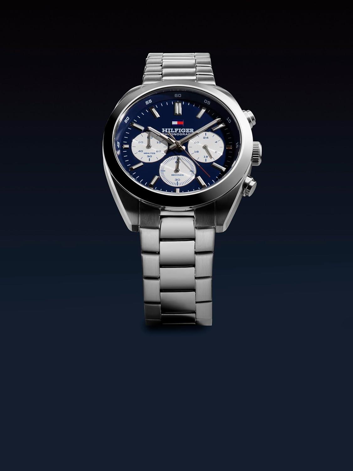 imageTommy Hilfiger Mens Chronograph Quartz Watch 40mm Stainless Steel Case Leather Strap VintageInspired Design Gift for HimSilver