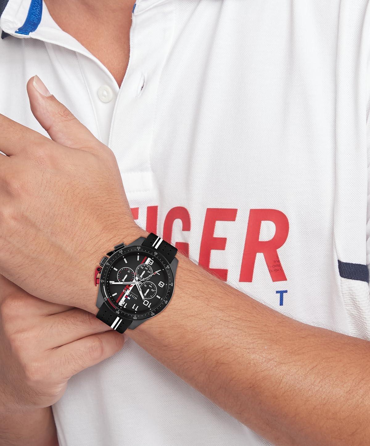 imageTommy Hilfiger Mens Chronograph Watch RacingInspired Sporty Design Silicone Strap 5 ATM Water Resistance Bold and Stylish Timepiece Gift for Him 46mmBlack