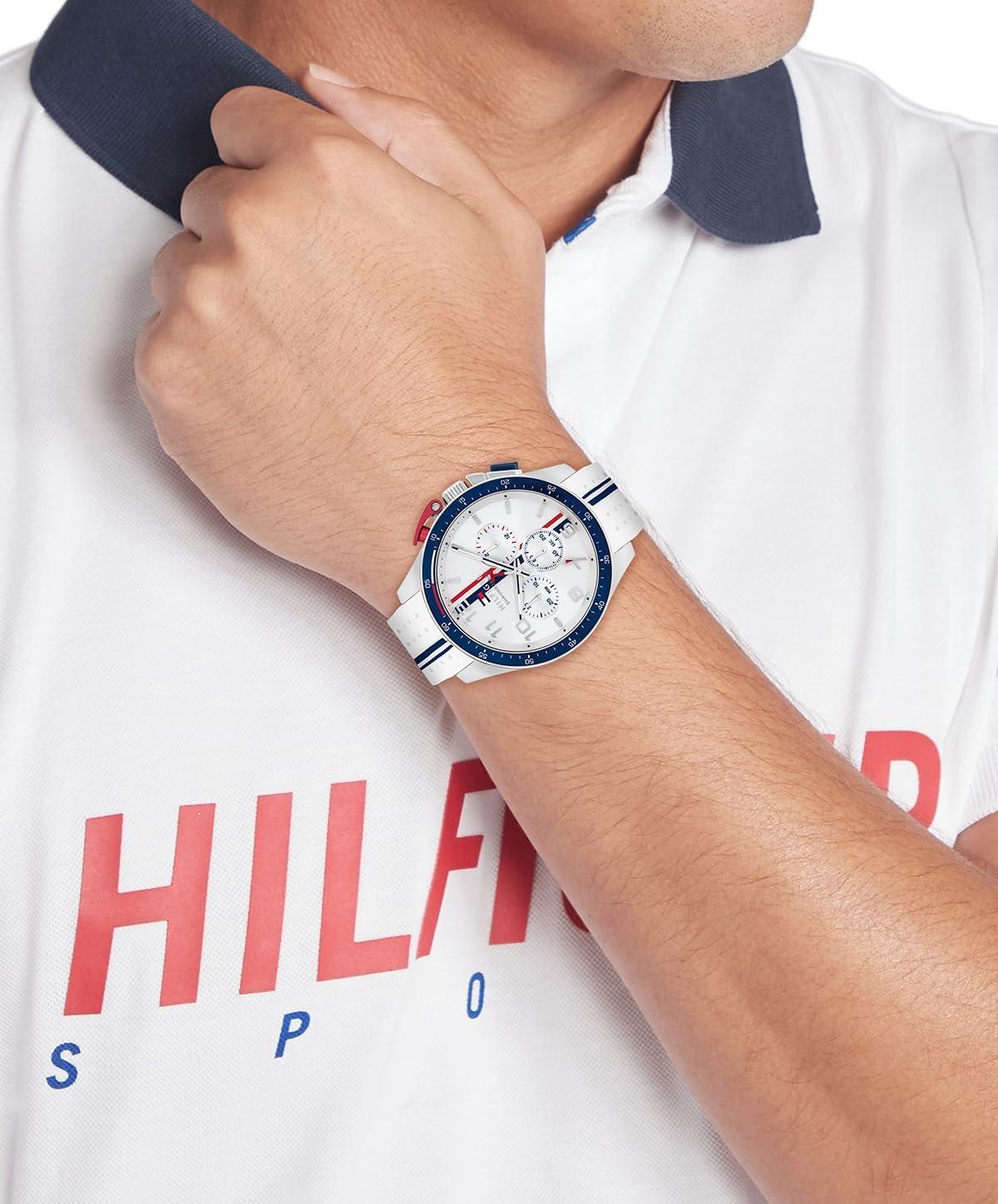 imageTommy Hilfiger Mens Chronograph Watch RacingInspired Sporty Design Silicone Strap 5 ATM Water Resistance Bold and Stylish Timepiece Gift for Him 46mmWhite