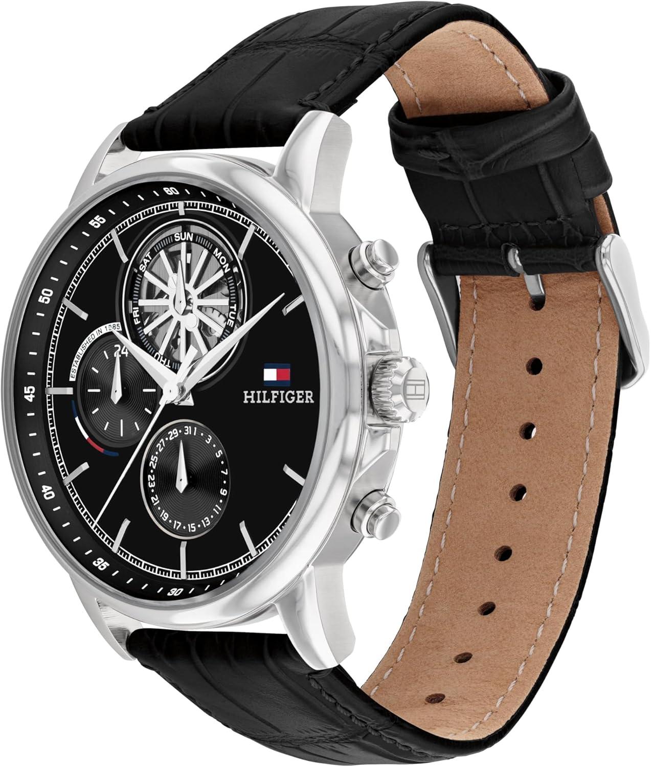 imageTommy Hilfiger Mens Dress Watch Multifunction Leather Wristwatch Water Resistant up to 5 ATM50 Meters Premium Fashion Timepiece for All Occasions 44mmBlack