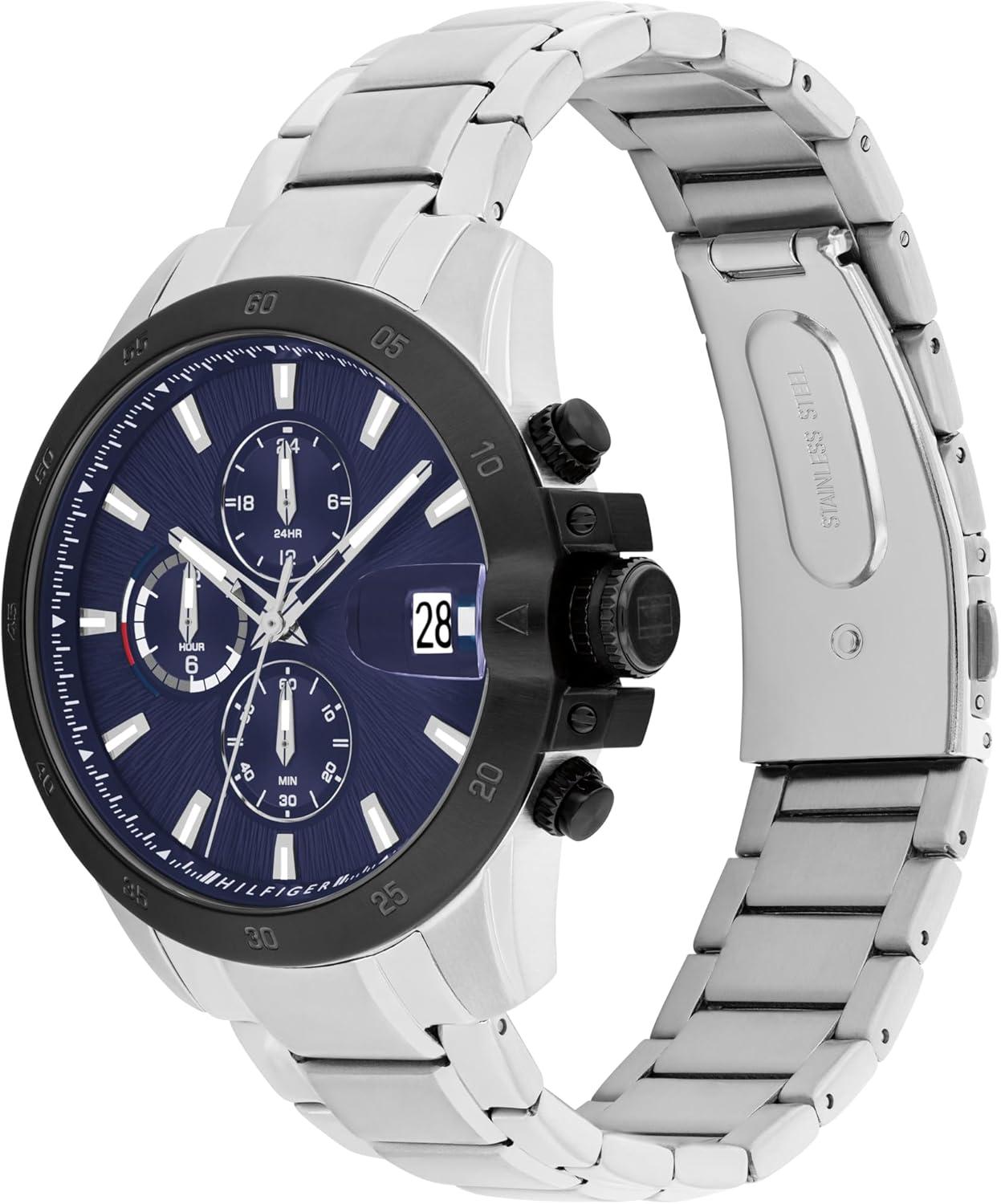 imageTommy Hilfiger Mens Dynamic Watch Quartz Multifunction Stainless Steel Case RadialEtched Dial with CDTextured SubEyes Tapered Indexes Magnified Date Window Gift for HimSilver