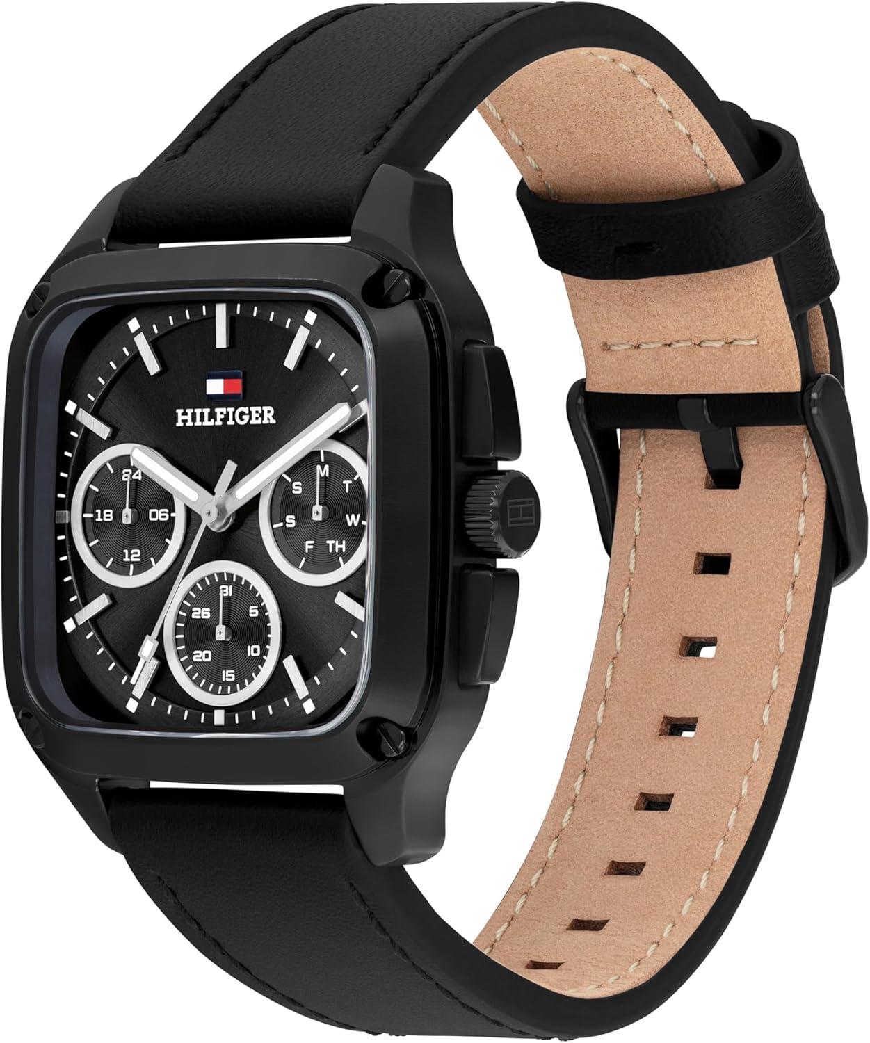 imageTommy Hilfiger Mens Multifunction Quartz Watch 37x39mm Tank Case Calfskin Strap SportInspired Design Gift for HimBlack