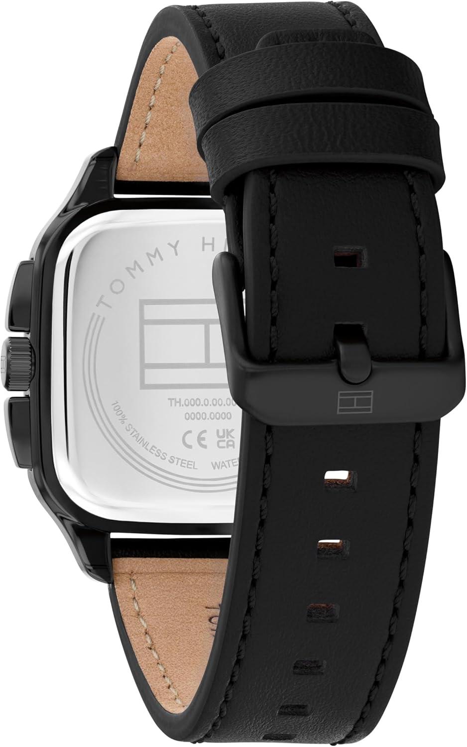 imageTommy Hilfiger Mens Multifunction Quartz Watch 37x39mm Tank Case Calfskin Strap SportInspired Design Gift for HimBlack