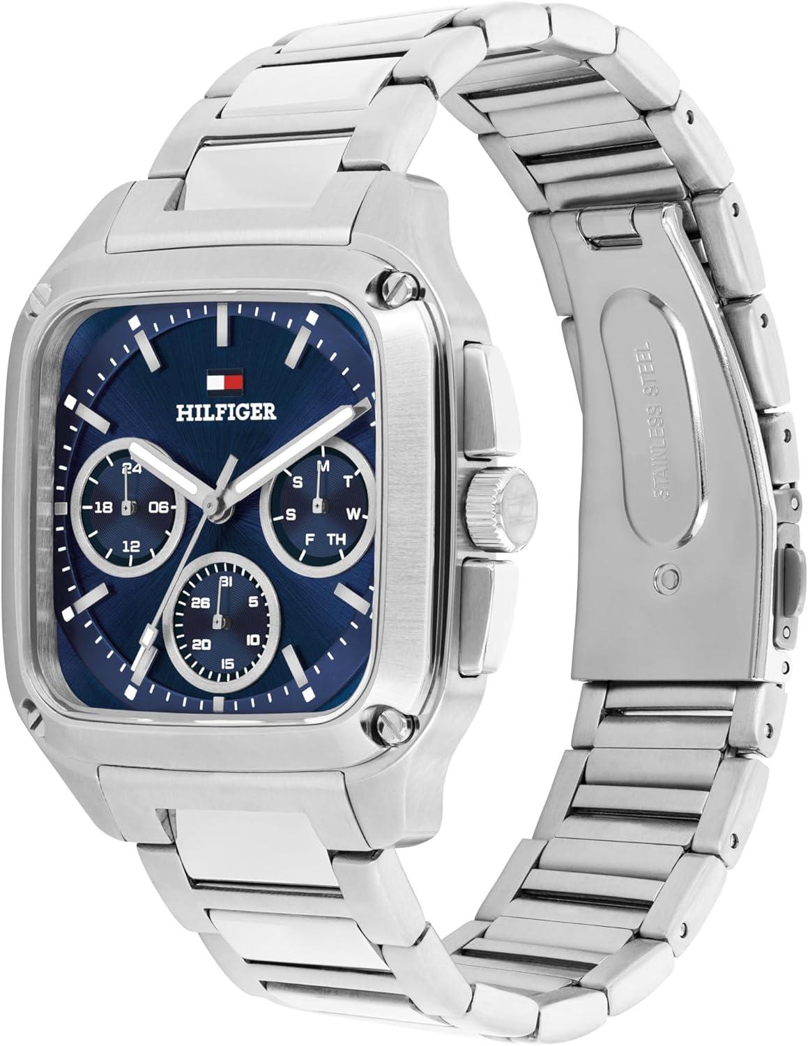 imageTommy Hilfiger Mens Multifunction Quartz Watch 37x39mm Tank Case Calfskin Strap SportInspired Design Gift for HimSilver