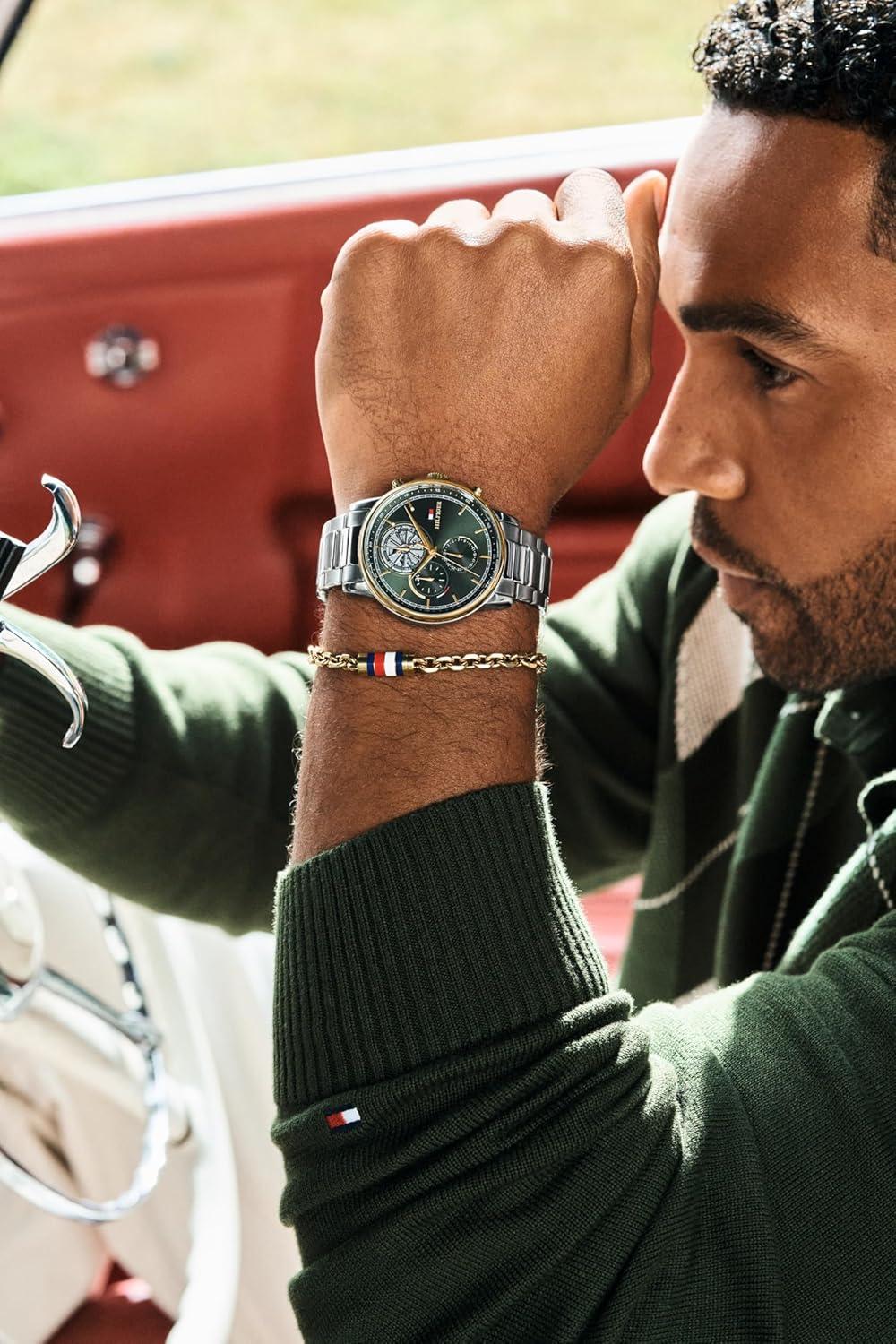 imageTommy Hilfiger Mens Multifunction Quartz Watch 44mm Stainless Steel Case DoubleLayer Dial Link Bracelet SkeletonInspired Design Gift for HimGreen