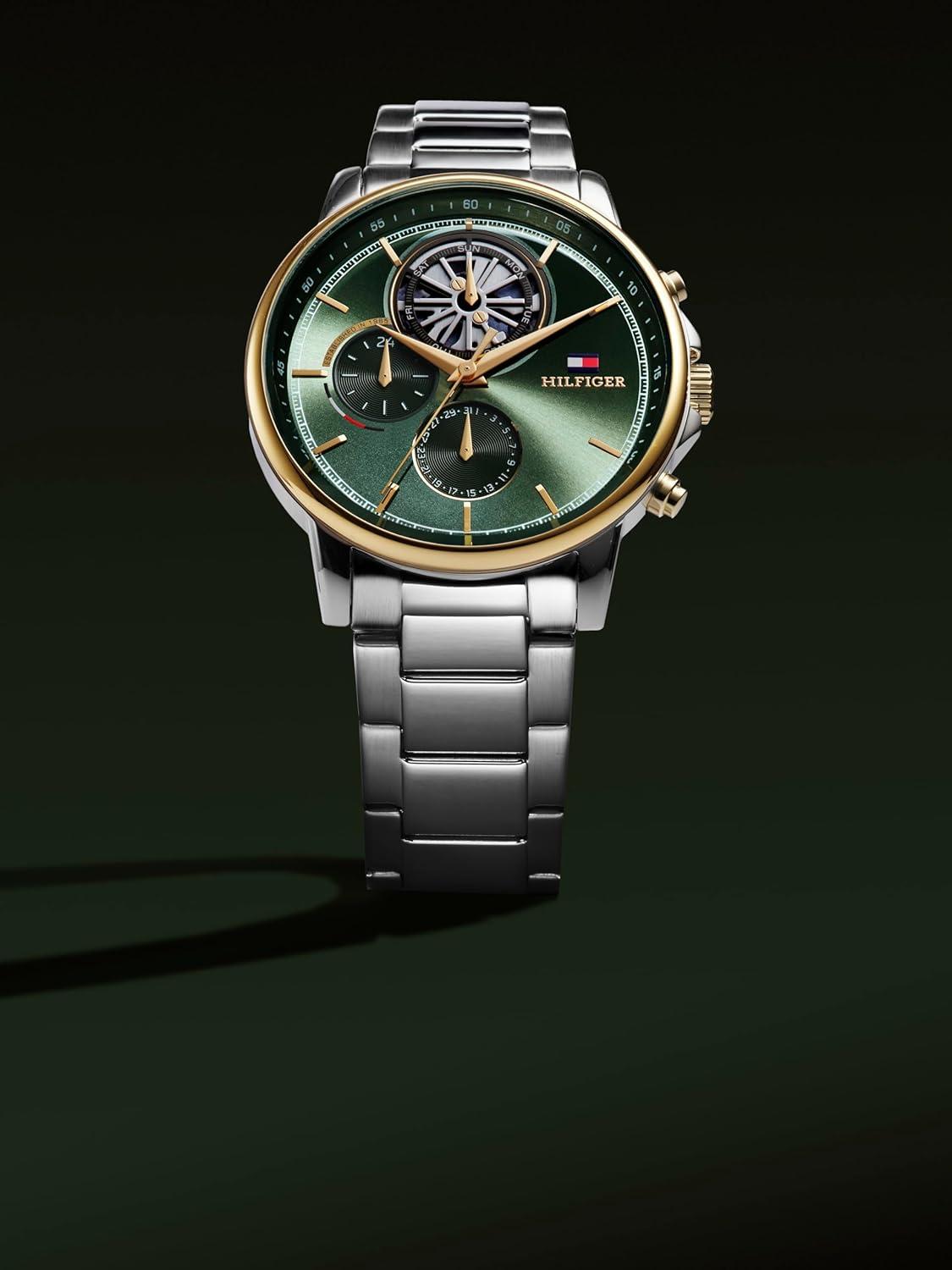 imageTommy Hilfiger Mens Multifunction Quartz Watch 44mm Stainless Steel Case DoubleLayer Dial Link Bracelet SkeletonInspired Design Gift for HimGreen