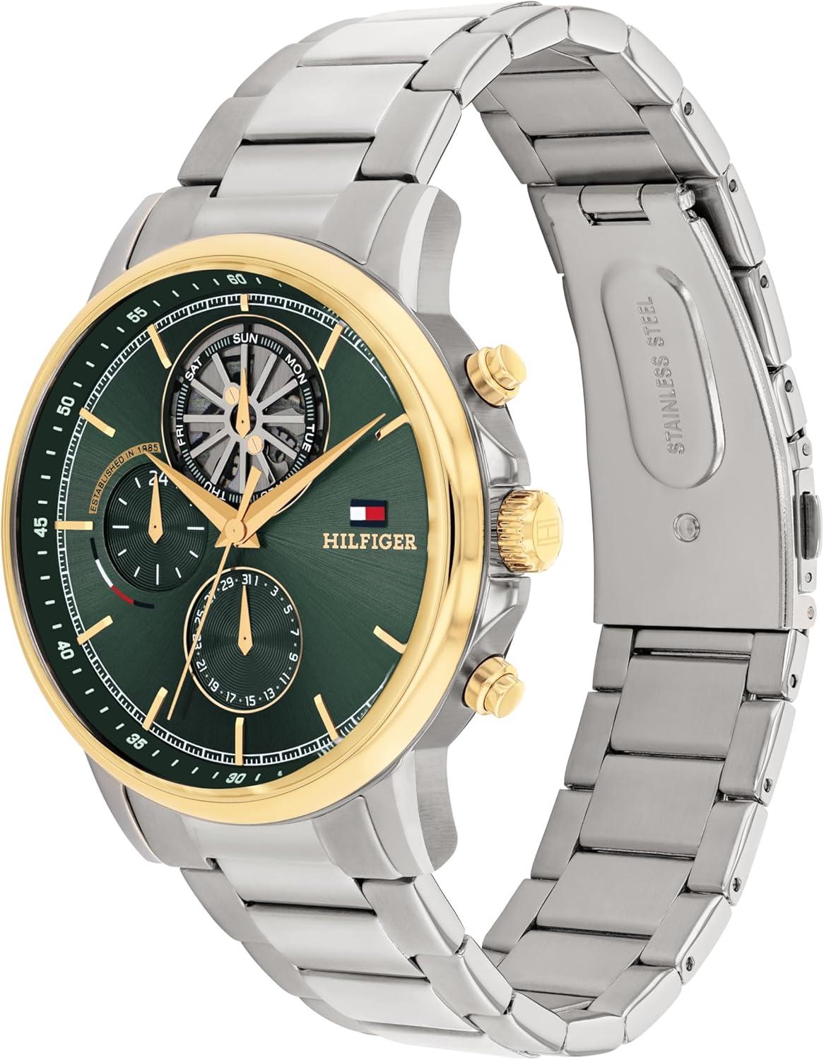 imageTommy Hilfiger Mens Multifunction Quartz Watch 44mm Stainless Steel Case DoubleLayer Dial Link Bracelet SkeletonInspired Design Gift for HimGreen