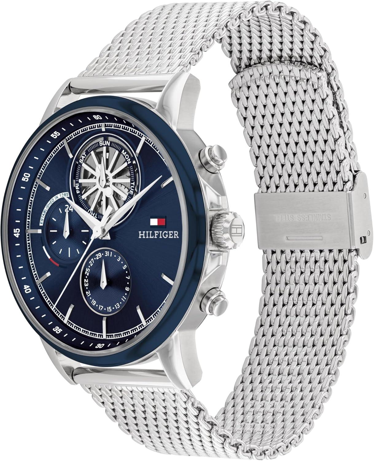 imageTommy Hilfiger Mens Multifunction Quartz Watch 44mm Stainless Steel Case DoubleLayer Dial Link Bracelet SkeletonInspired Design Gift for HimNavy