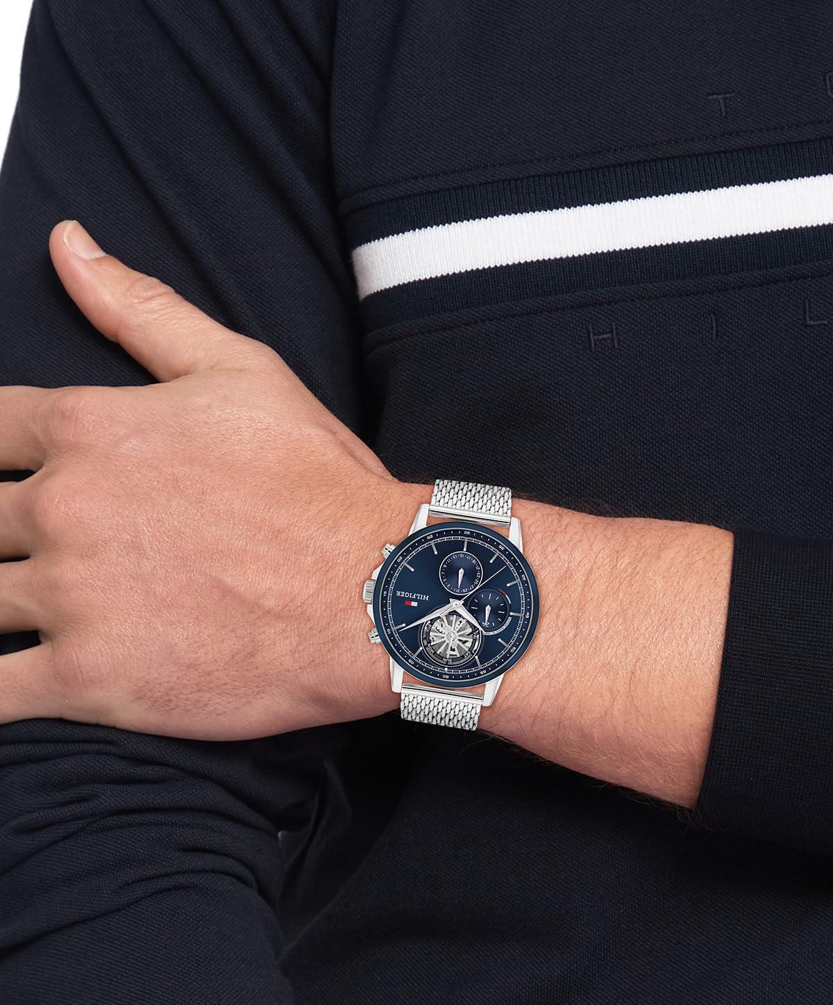 imageTommy Hilfiger Mens Multifunction Quartz Watch 44mm Stainless Steel Case DoubleLayer Dial Link Bracelet SkeletonInspired Design Gift for HimNavy