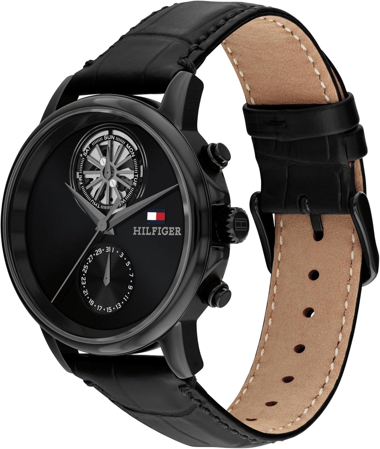 imageTommy Hilfiger Mens Multifunction Watch Genuine Leather Strap and Skeleton SubEye Dial Water Resistant up to 50m Modern Contemporary Timepiece Gift for Him 40mmBlack