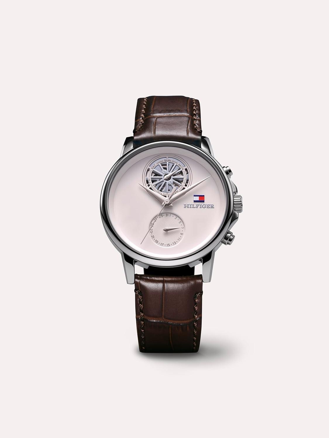 imageTommy Hilfiger Mens Multifunction Watch Genuine Leather Strap and Skeleton SubEye Dial Water Resistant up to 50m Modern Contemporary Timepiece Gift for Him 40mmBrown