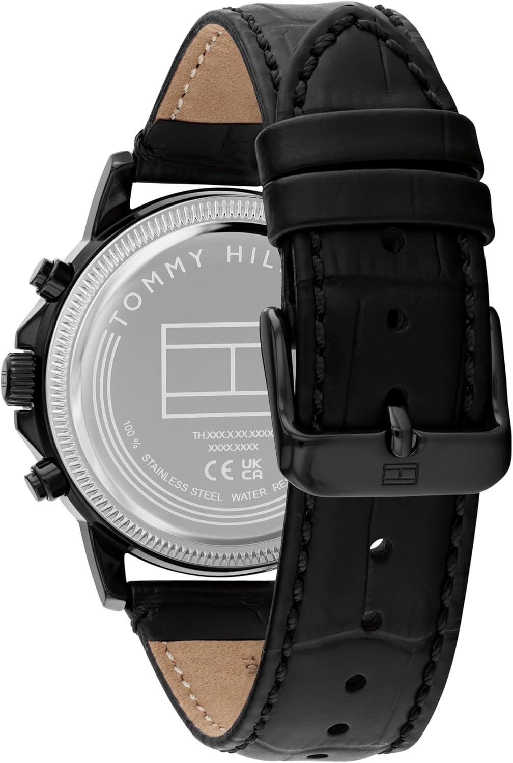 imageTommy Hilfiger Mens Multifunction Watch Genuine Leather Strap and Skeleton SubEye Dial Water Resistant up to 50m Modern Contemporary Timepiece Gift for Him 40mmBlack
