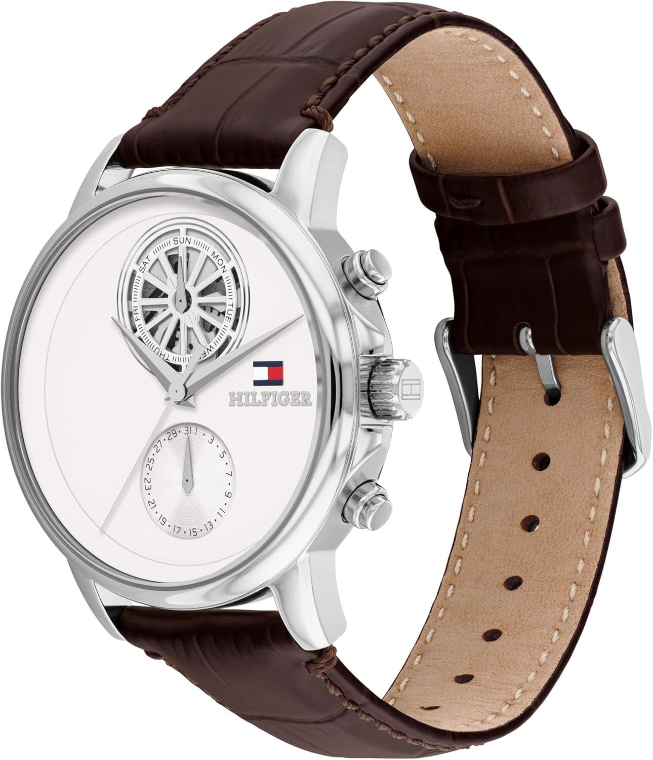 imageTommy Hilfiger Mens Multifunction Watch Genuine Leather Strap and Skeleton SubEye Dial Water Resistant up to 50m Modern Contemporary Timepiece Gift for Him 40mmBrown