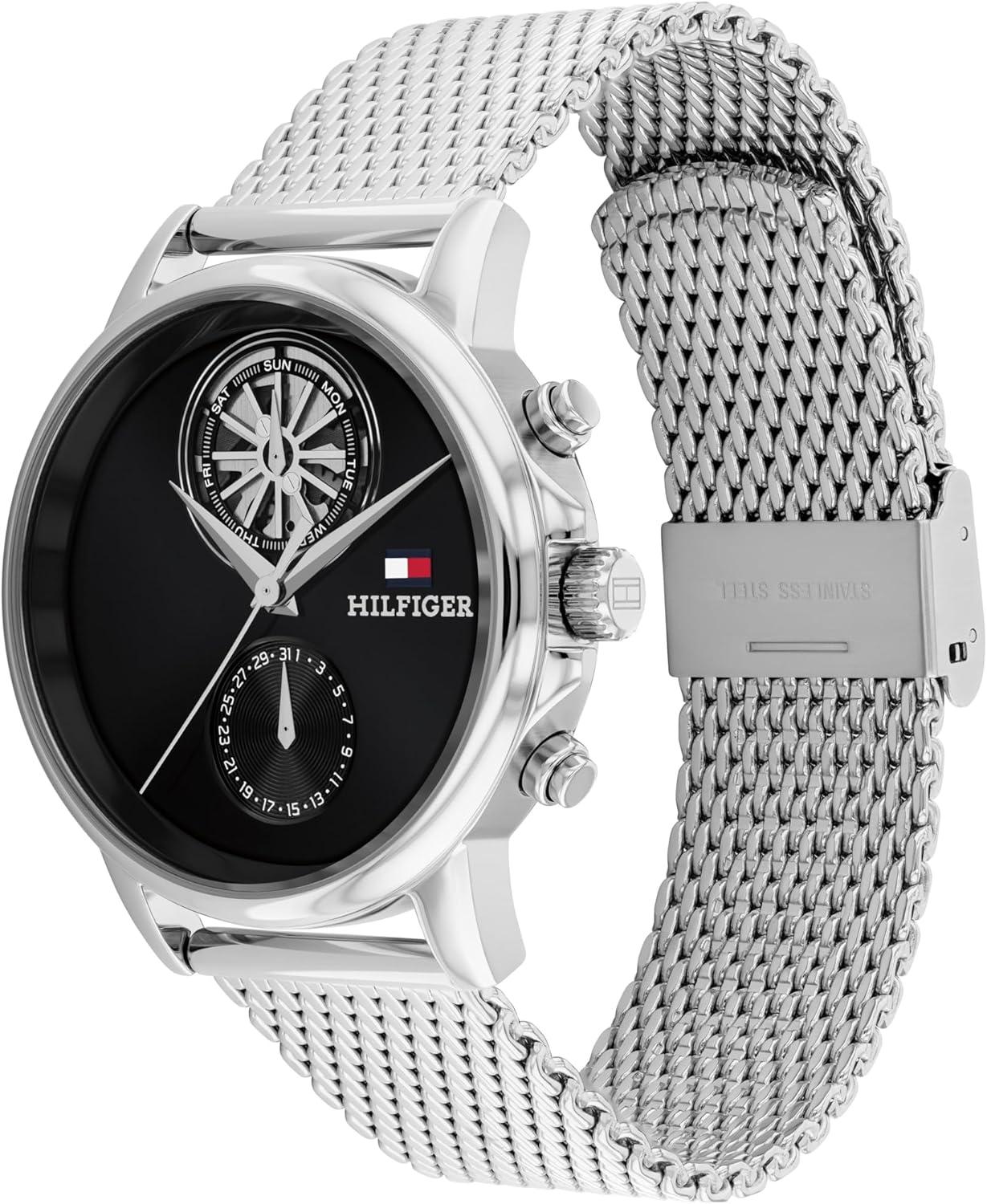 imageTommy Hilfiger Mens Multifunction Watch Genuine Leather Strap and Skeleton SubEye Dial Water Resistant up to 50m Modern Contemporary Timepiece Gift for Him 40mmSilver