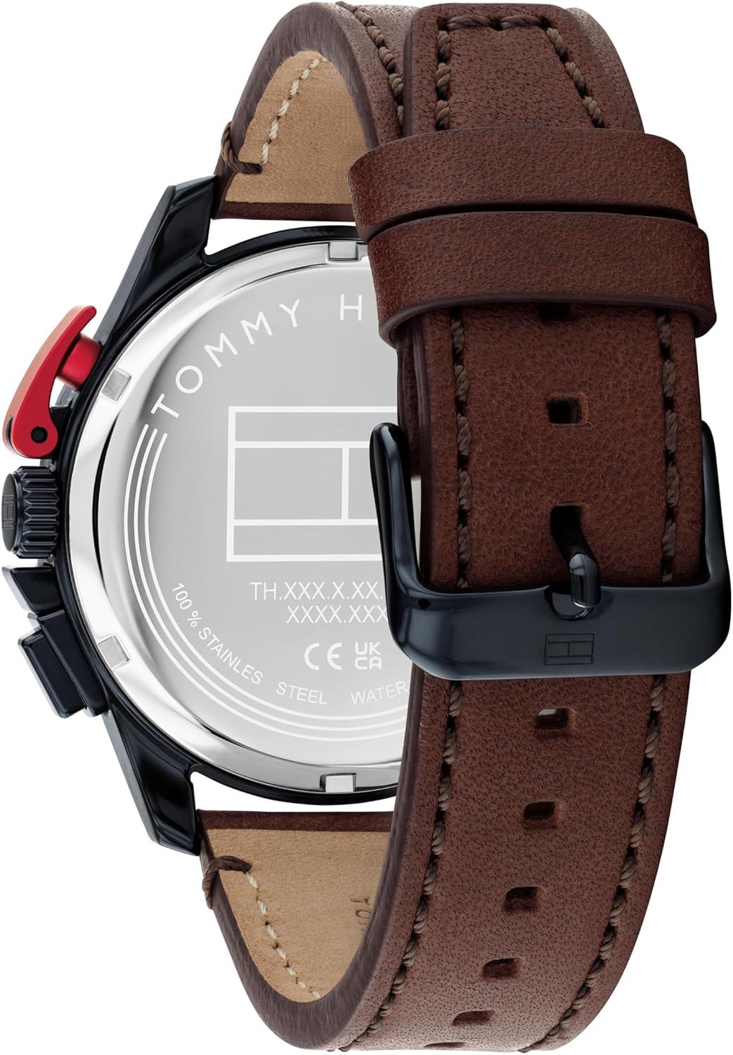 imageTommy Hilfiger Mens Quartz Chronograph Watch Bold Sporty Skeleton Dial on Leather Strap Water Resistant up to 50m Performance Stylish Timepiece Gift for Him 44mmBrown