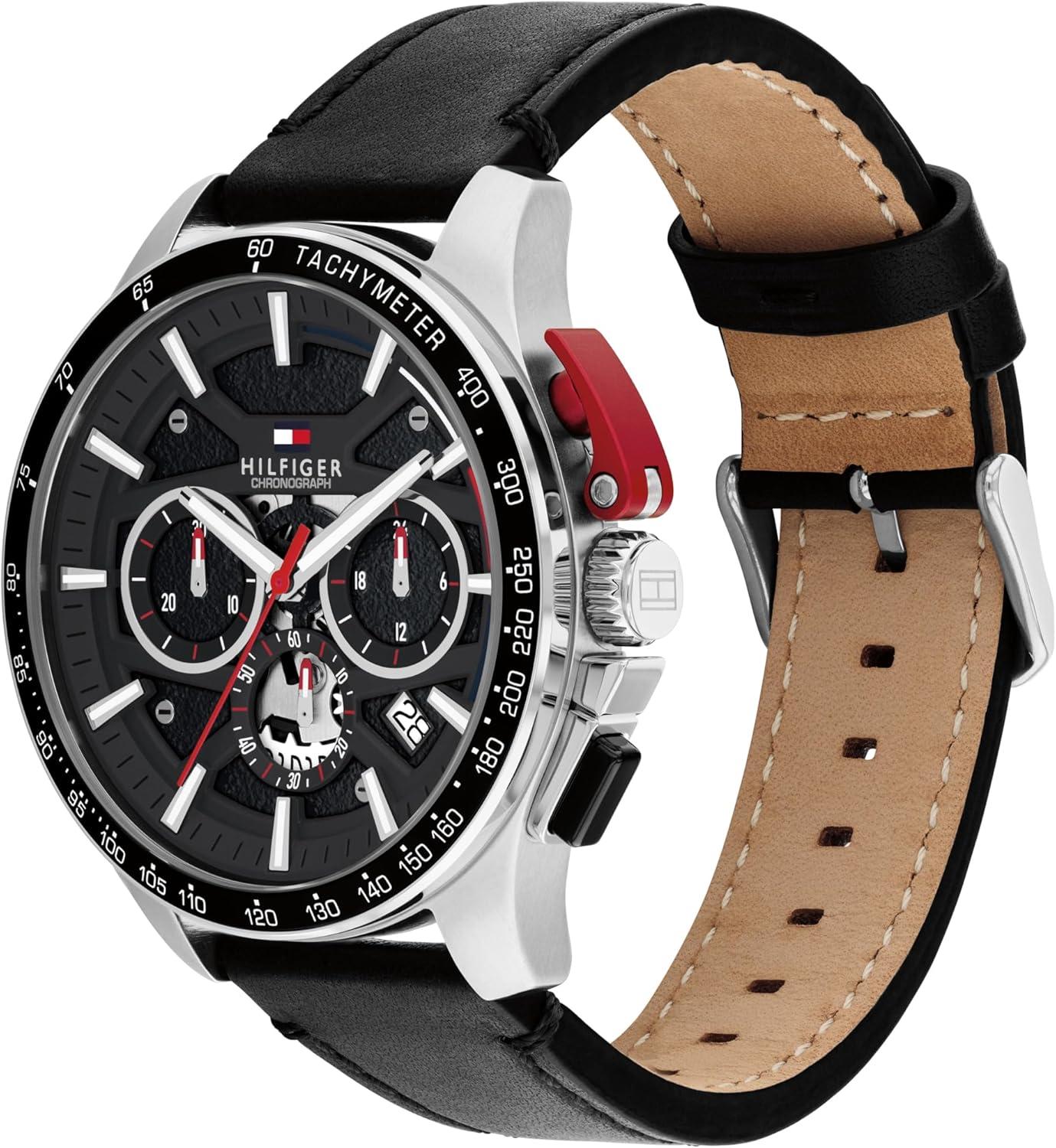 imageTommy Hilfiger Mens Quartz Chronograph Watch Bold Sporty Skeleton Dial on Leather Strap Water Resistant up to 50m Performance Stylish Timepiece Gift for Him 44mmBlack