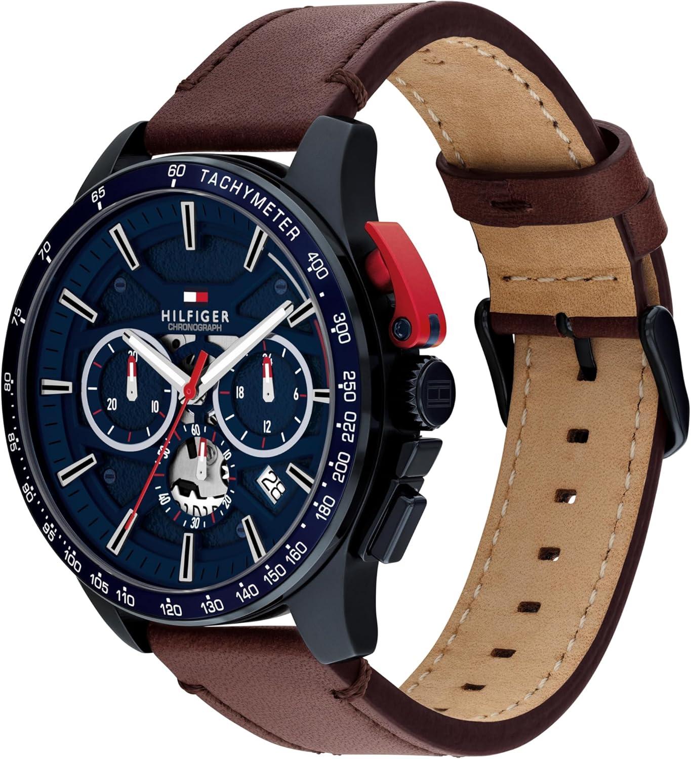 imageTommy Hilfiger Mens Quartz Chronograph Watch Bold Sporty Skeleton Dial on Leather Strap Water Resistant up to 50m Performance Stylish Timepiece Gift for Him 44mmBrown