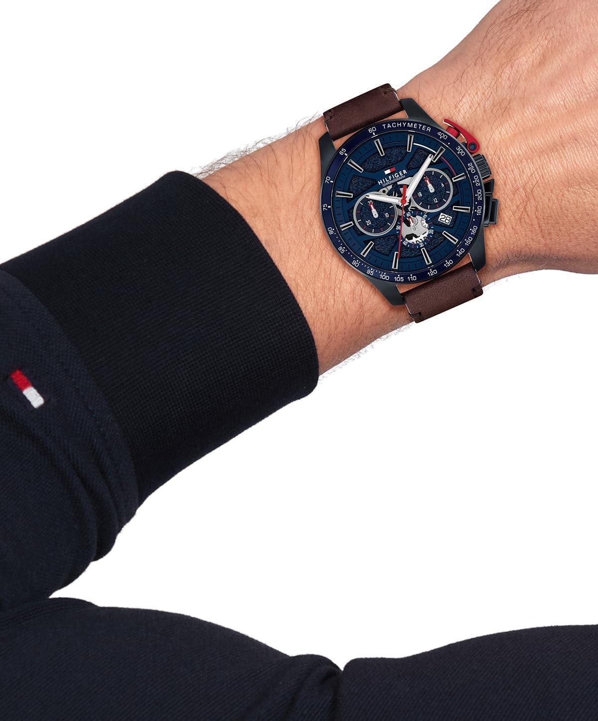 imageTommy Hilfiger Mens Quartz Chronograph Watch Bold Sporty Skeleton Dial on Leather Strap Water Resistant up to 50m Performance Stylish Timepiece Gift for Him 44mmBrown