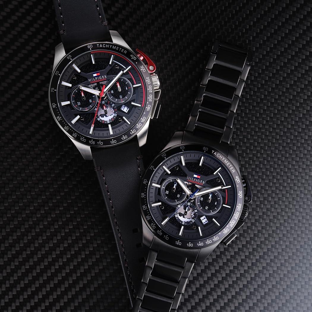 imageTommy Hilfiger Mens Quartz Chronograph Watch Bold Sporty Skeleton Dial on Leather Strap Water Resistant up to 50m Performance Stylish Timepiece Gift for Him 44mmBlack