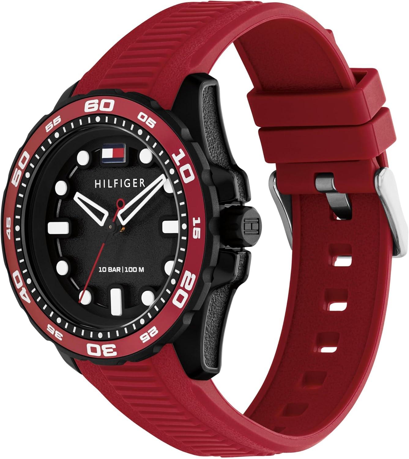 imageTommy Hilfiger Mens Quartz Regatta Watch Silicone Strap Rotating Sport Bezel Water Resistant up to 100m Contemporary Bold Timepiece Gift for Him 42mmRed