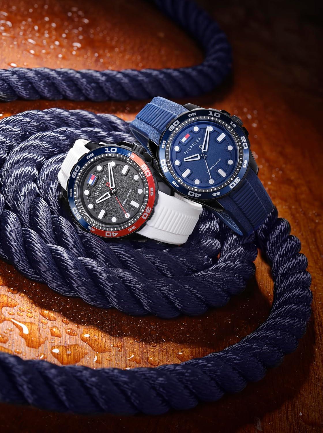 imageTommy Hilfiger Mens Quartz Regatta Watch Silicone Strap Rotating Sport Bezel Water Resistant up to 100m Contemporary Bold Timepiece Gift for Him 42mmBlue