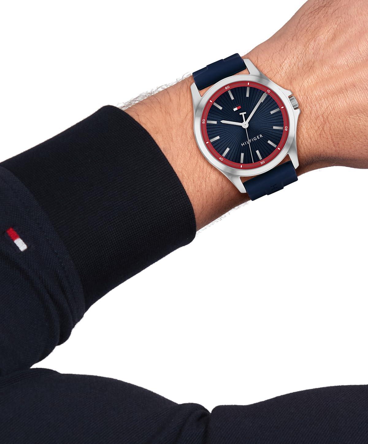 imageTommy Hilfiger Mens Quartz Watch Comfortable Silicone Strap Water Resistant up to 30m Versatile Sophisticated Timepiece Gift for Him 42mmBlue