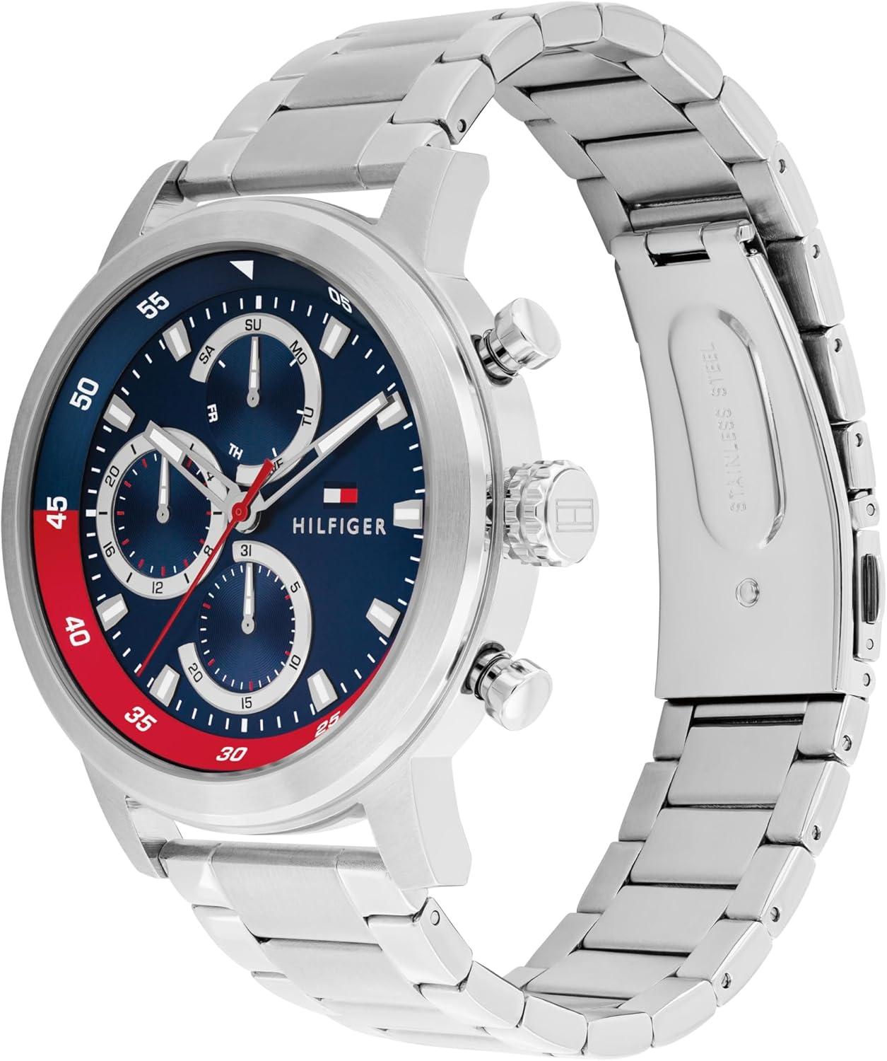 imageTommy Hilfiger Mens Sporty Watch Quartz Multifunction Stainless Steel Case Sunray Dial with Stick Indexes and CDTextured SubEyes and Oversized Crown Gift for HimSilver