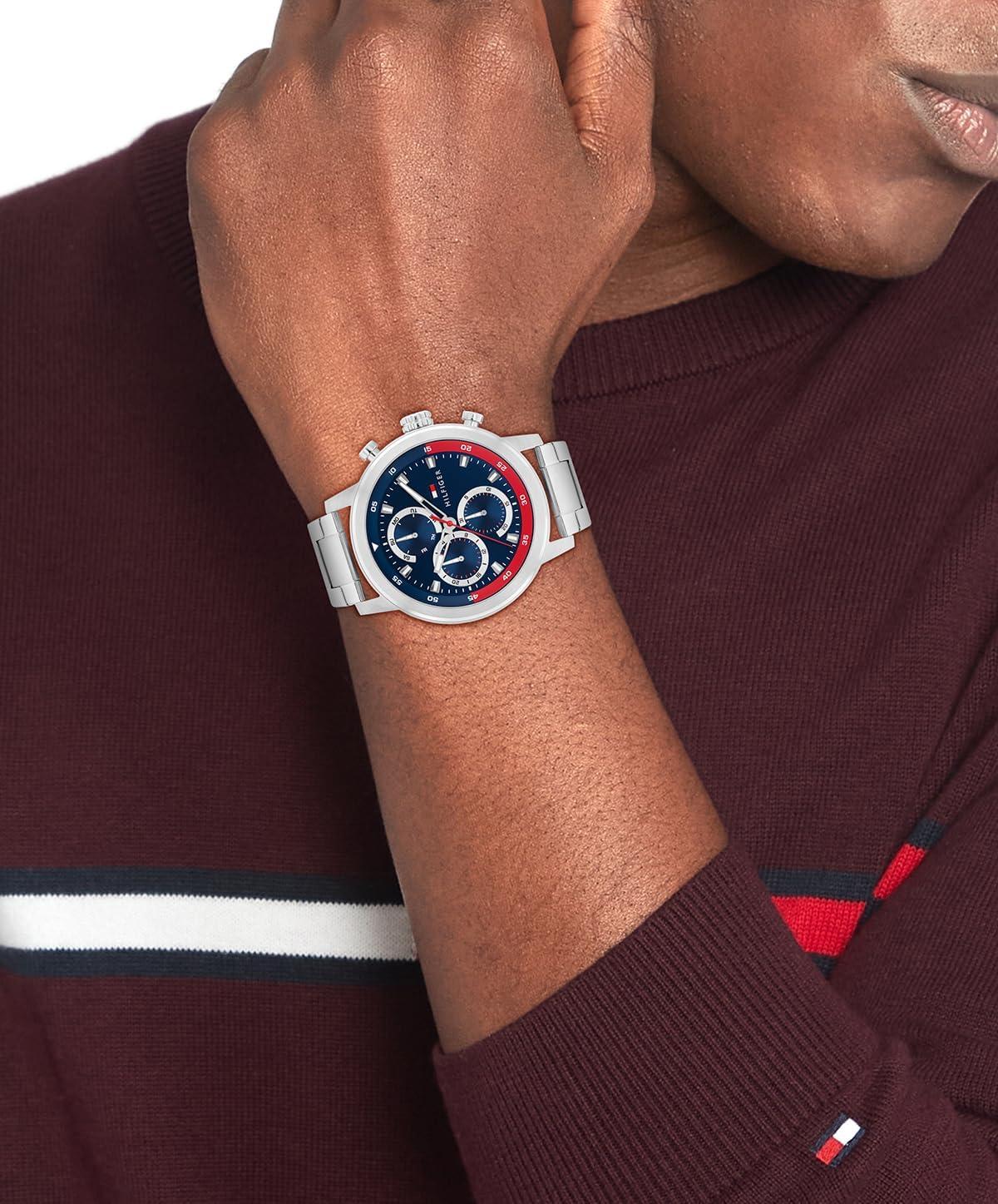 imageTommy Hilfiger Mens Sporty Watch Quartz Multifunction Stainless Steel Case Sunray Dial with Stick Indexes and CDTextured SubEyes and Oversized Crown Gift for HimSilver