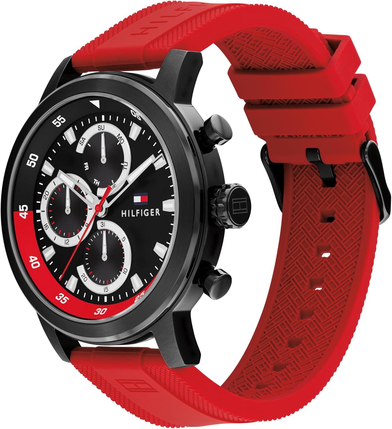imageTommy Hilfiger Mens Sporty Watch Quartz Multifunction Stainless Steel Case Sunray Dial with Stick Indexes and CDTextured SubEyes and Oversized Crown Gift for HimRed