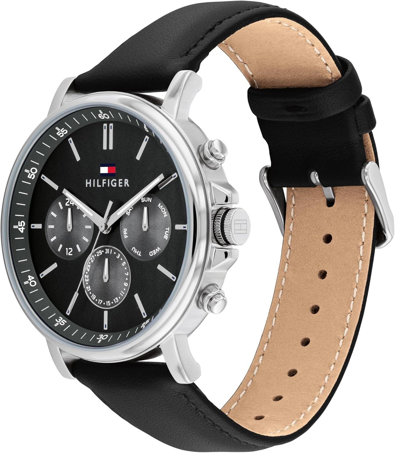 imageTommy Hilfiger Mens Watch 44 mm Quartz Multifunction Stainless Steel Case CDTextured Sunray Dial with DiamondCut SubDials Leather Strap Classic Dress Watch for Men