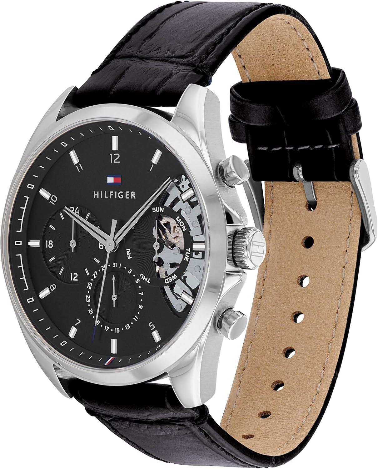 imageTommy Hilfiger Mens Watch Quartz Multifunction 44 mm Stainless Steel Case Skeleton Dial Leather Strap Dress Watch for Men