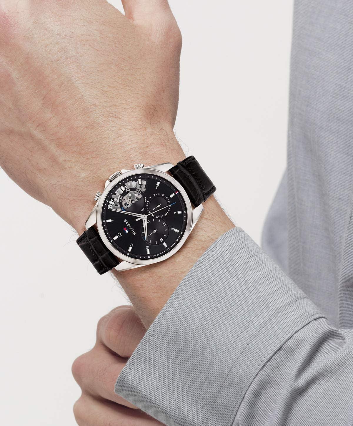imageTommy Hilfiger Mens Watch Quartz Multifunction 44 mm Stainless Steel Case Skeleton Dial Leather Strap Dress Watch for Men