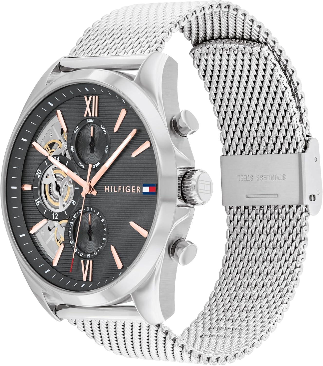 imageTommy Hilfiger Mens Watch Quartz Multifunction 44 mm Stainless Steel Case Skeleton Dial Mesh Bracelet Dress Watch for Men