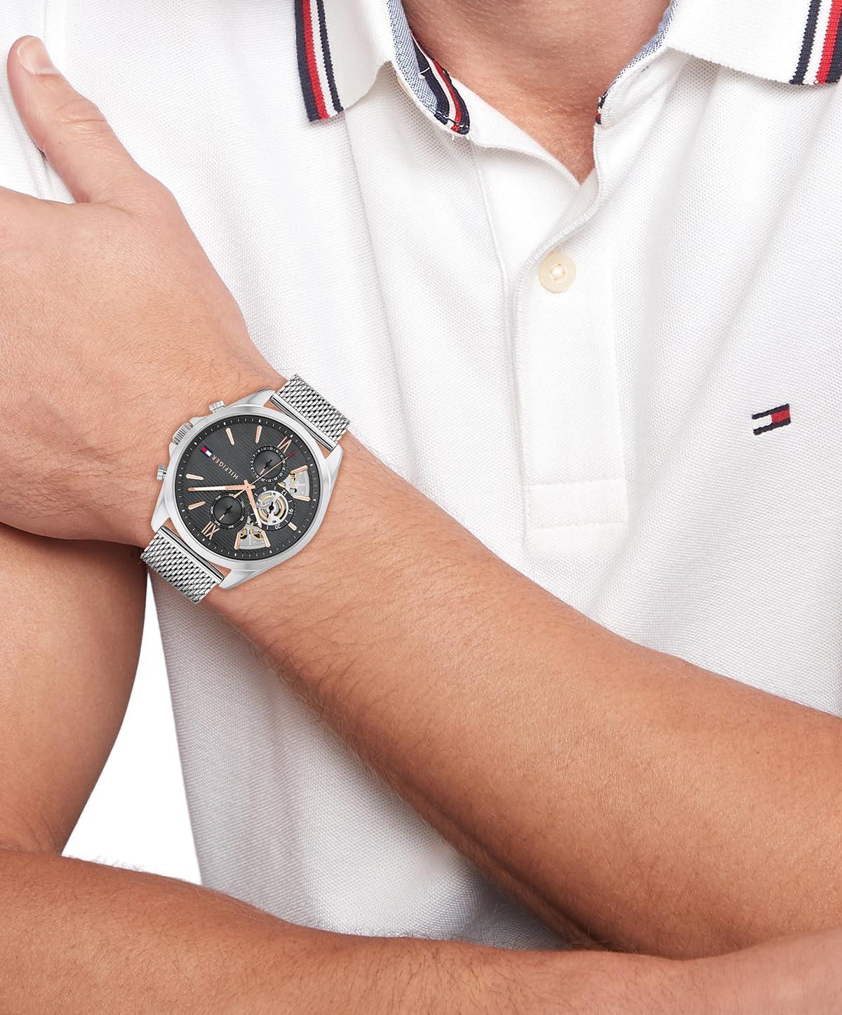 imageTommy Hilfiger Mens Watch Quartz Multifunction 44 mm Stainless Steel Case Skeleton Dial Mesh Bracelet Dress Watch for Men