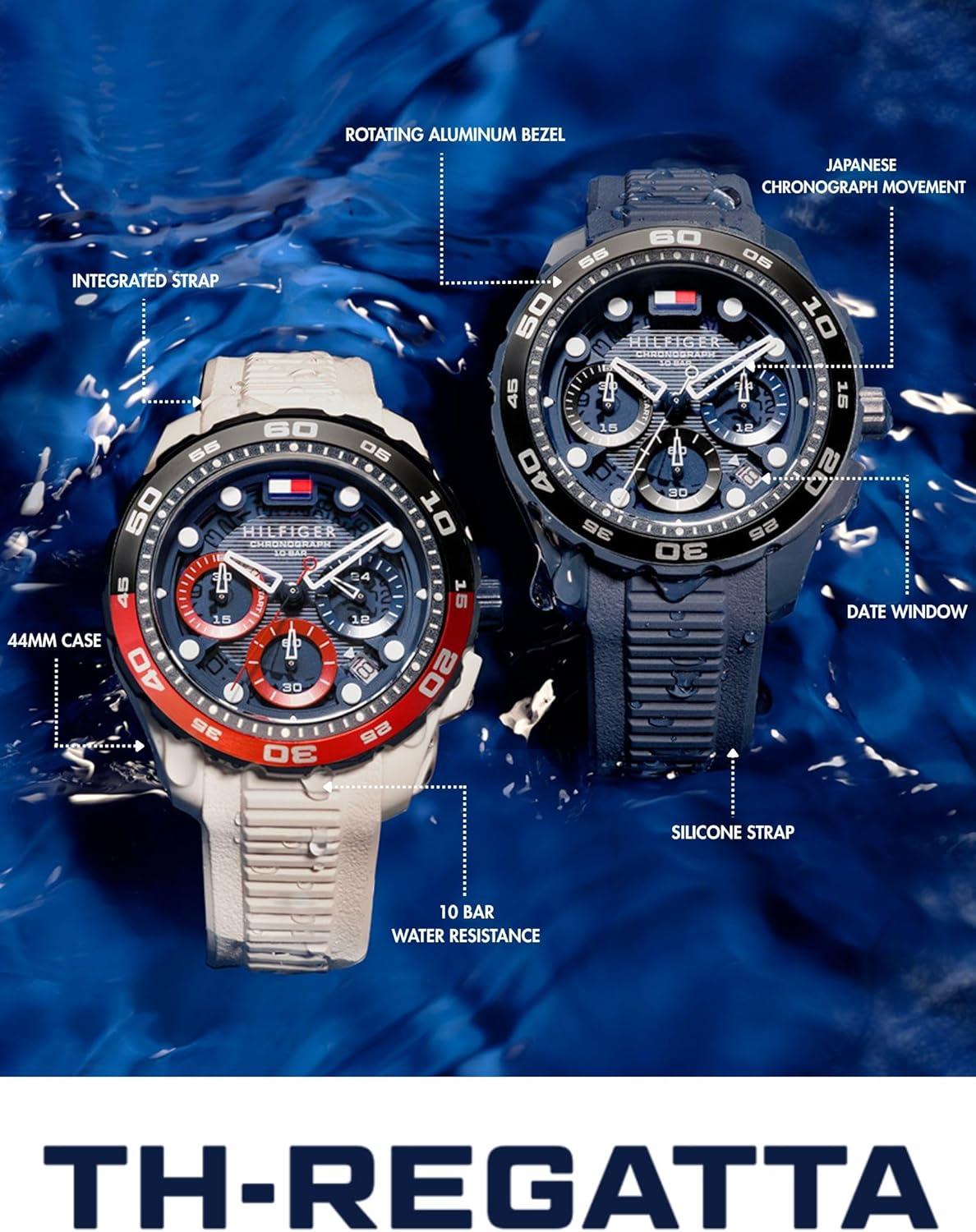 imageTommy Hilfiger THRegatta Mens Chronograph Quartz Watch 44mm Stainless Steel Case Rotating Bezel Silicone Strap Nautical Inspired Sport Style Gift for HimBlue