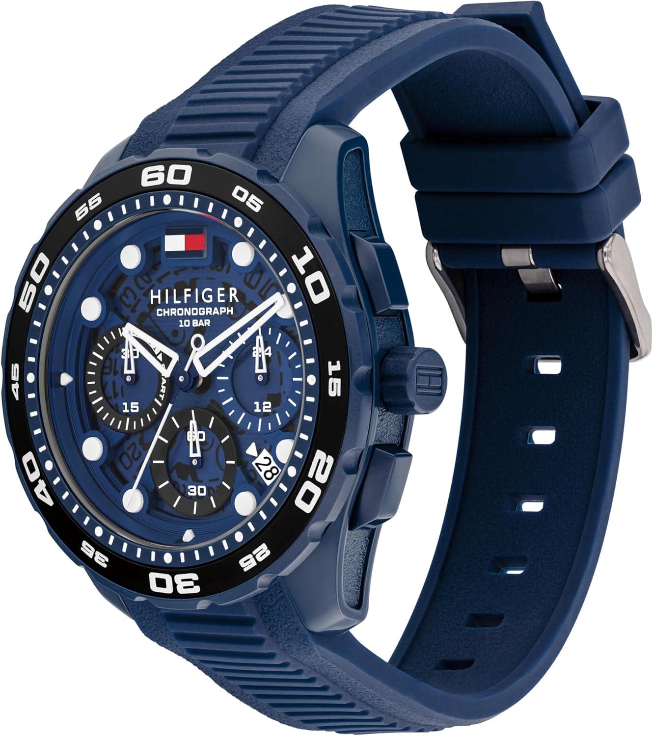 imageTommy Hilfiger THRegatta Mens Chronograph Quartz Watch 44mm Stainless Steel Case Rotating Bezel Silicone Strap Nautical Inspired Sport Style Gift for HimBlue
