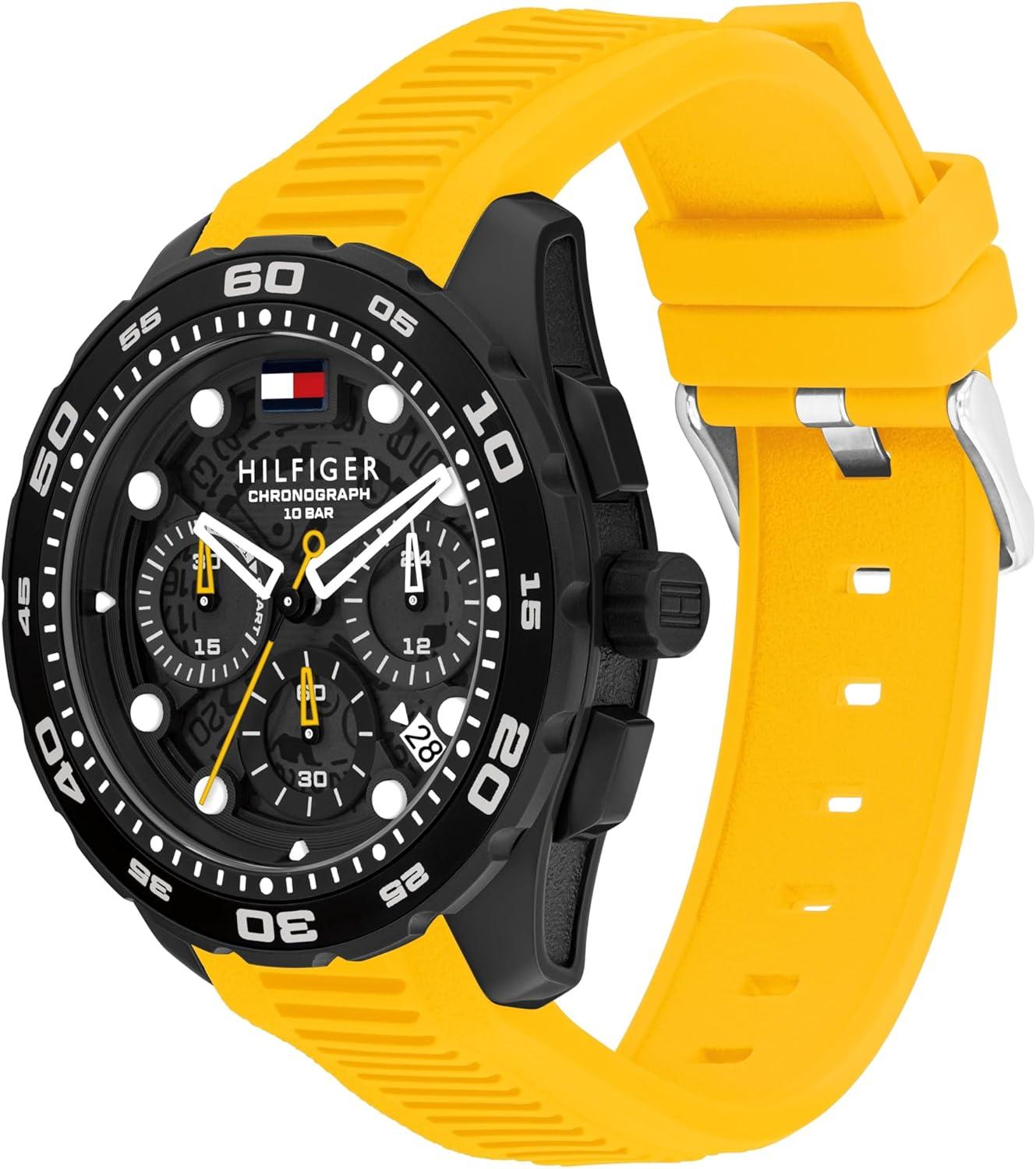 imageTommy Hilfiger THRegatta Mens Chronograph Quartz Watch 44mm Stainless Steel Case Rotating Bezel Silicone Strap Nautical Inspired Sport Style Gift for HimYellow