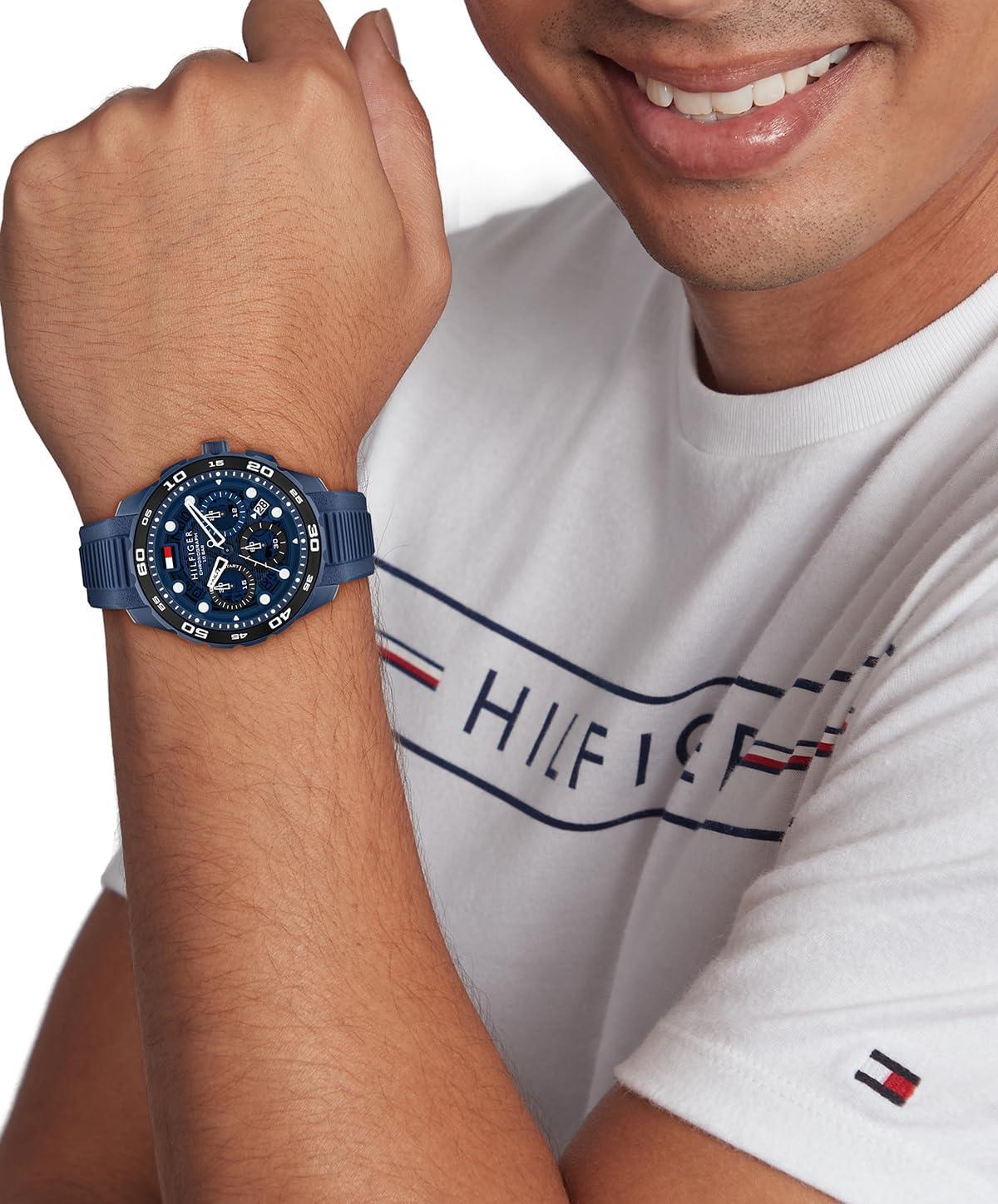 imageTommy Hilfiger THRegatta Mens Chronograph Quartz Watch 44mm Stainless Steel Case Rotating Bezel Silicone Strap Nautical Inspired Sport Style Gift for HimBlue