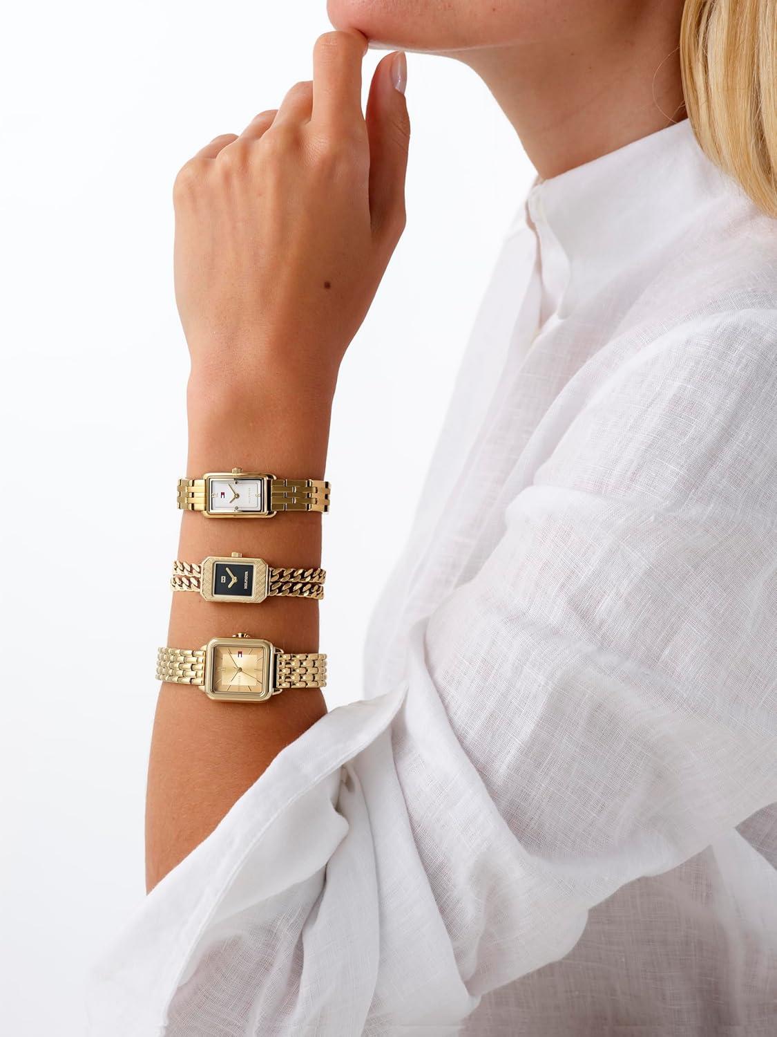 imageTommy Hilfiger Womens 2Hand Quartz Watch Double Chain Bracelet Modern Stylish Timepiece Gift for Her 16mmGold Plated