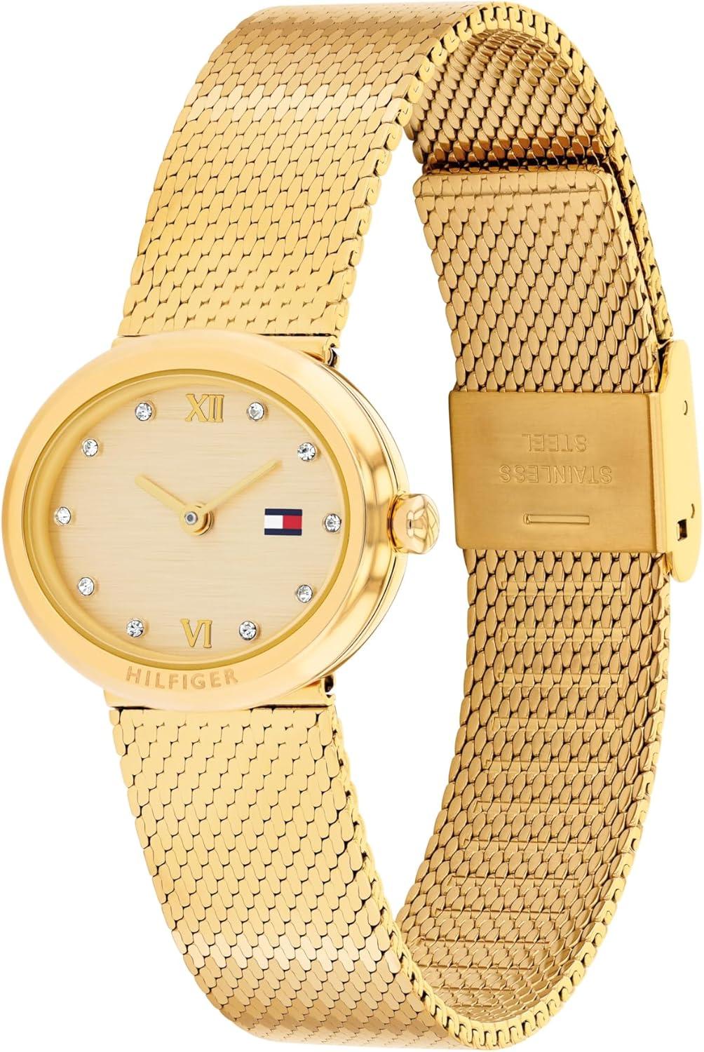 imageTommy Hilfiger Womens 2Hand Quartz Watch OvalShaped Case Crystal Markers Link Bracelet Dress Casual Look Gift for Her 25mmGold Plated